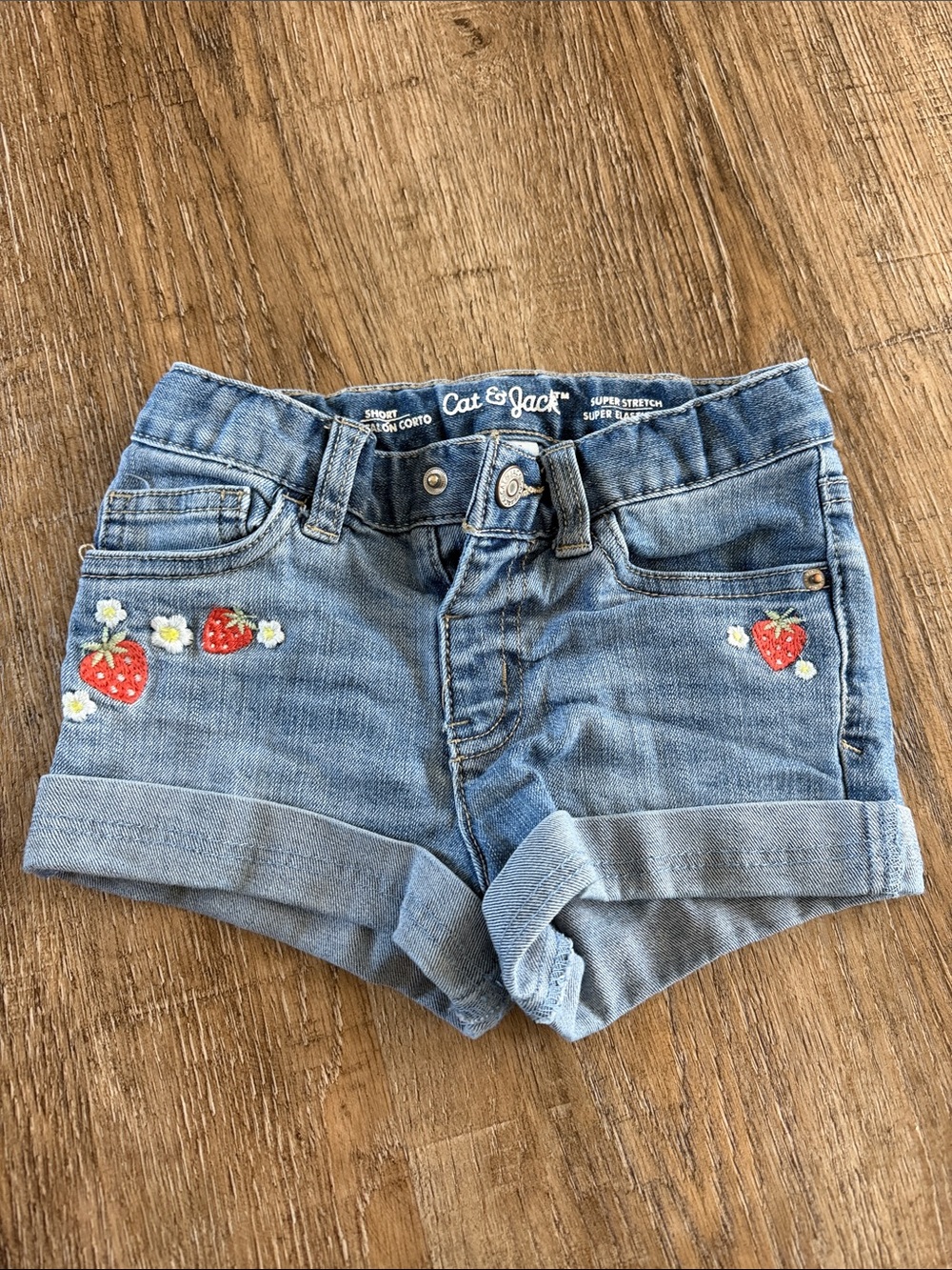 Cat & Jack Light Blue Denim Shorts with Strawberry Embroidery